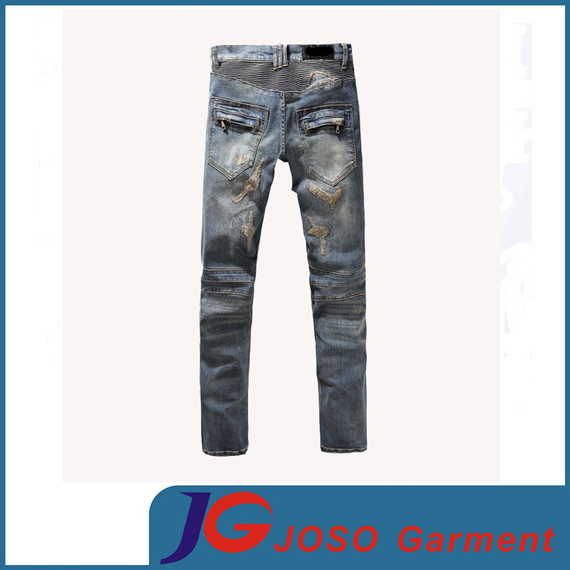 Distressed Patchwork Accent Rust Washing Jeans Scratch Men Washed Hole Jeans (JC3400)