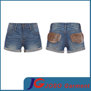 Women Faux Fur Pockets Denim Shorts (JC6091)
