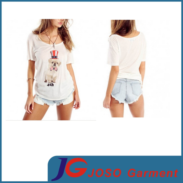 Lady Printing T Shirt Top Loose Comfortable Cotton Clothing (JS9015)