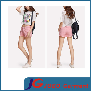 Fashion Pink Colored Ripped Short Jeans for Girls (JC6103)
