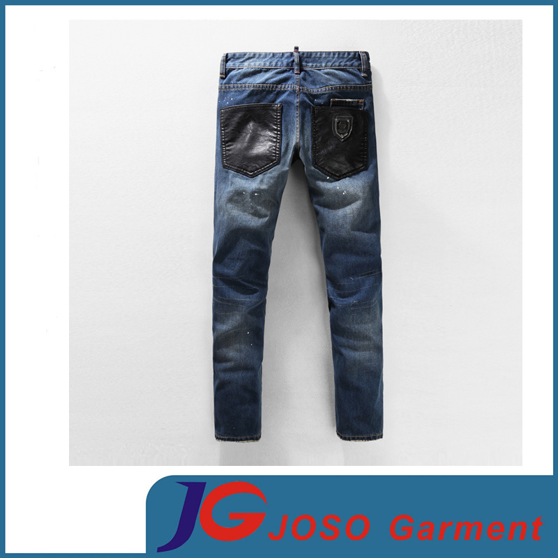 Fashion Skinny PU Splicing Harlen Biker Jeans for Men (JC3399)